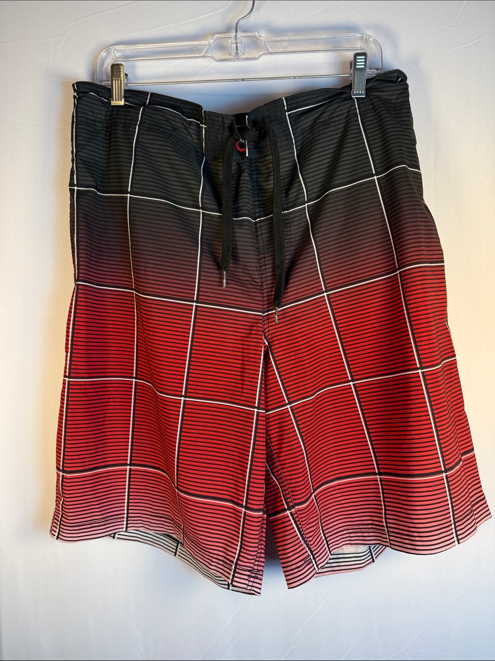 OP Vintage Y2K Men's Black to Red Ombre Board Shorts with White Grid